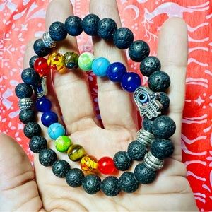 12 Bracelets Natural Stone Hand of Fatima Chakra Healing Colorful Lava Beads